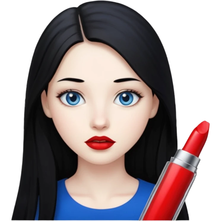 20 yr old woman long straight black hair, pale skin, blue eyes, red lipstick emoji