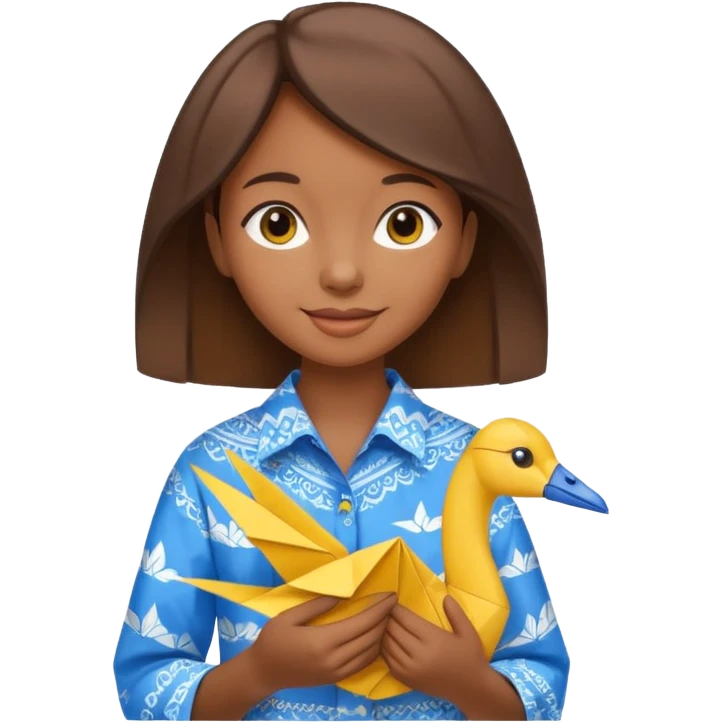 happy-african-young-girl-with-brown-hair-in-a-white-colorful-vintage-kanga-shirt-holds-an-origami-yellow-and-blue-crane emoji