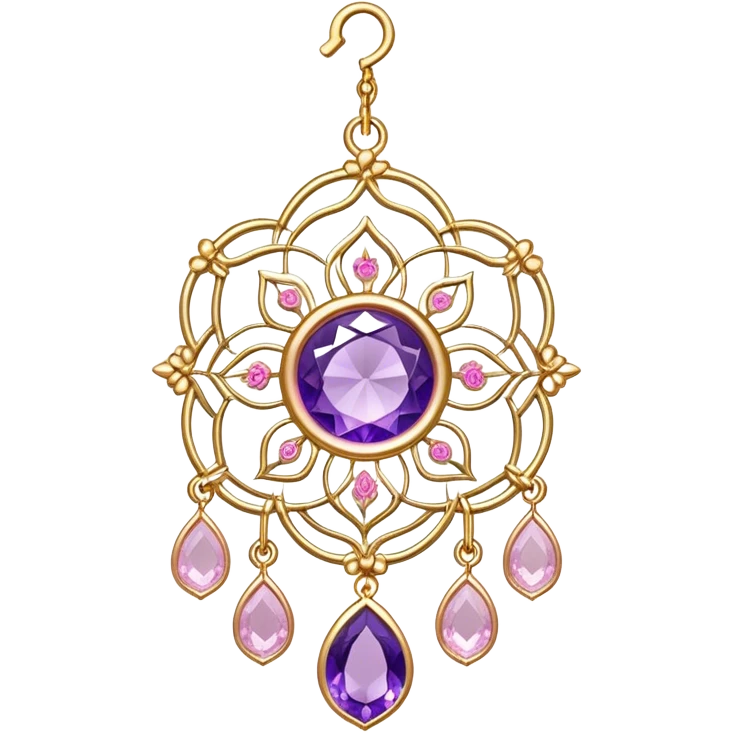 Epic beautiful gorgeous cute transparent gold suncatcher, threads with shiny sparkly amethyst and rose-quartz gemstones, flowers,  emoji
