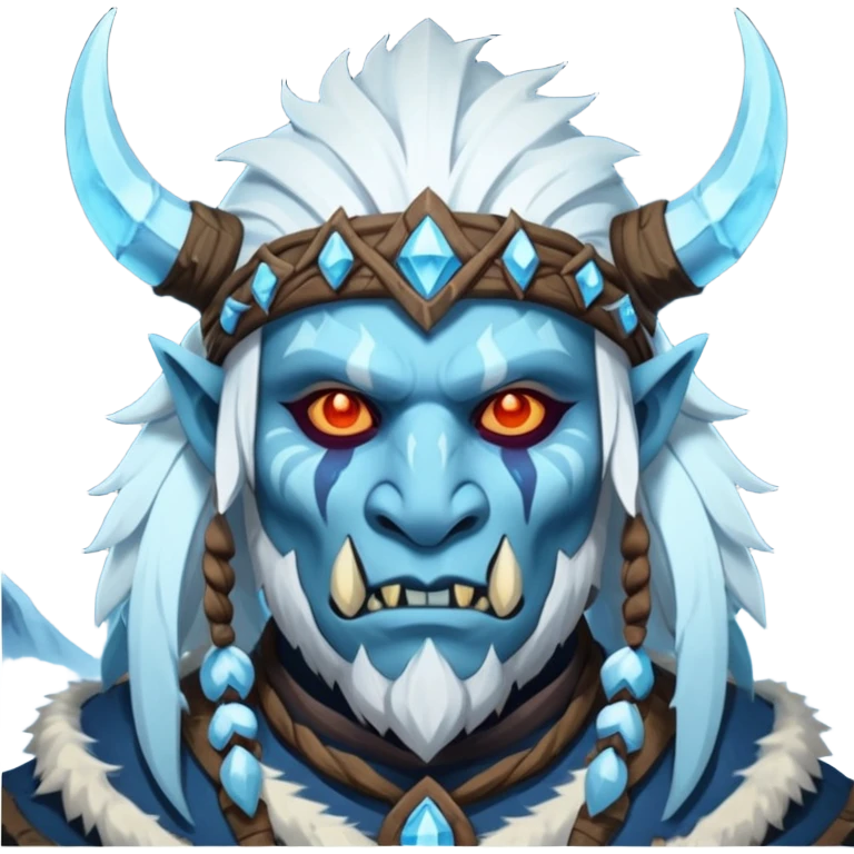 Fantasy Christmas orc shaman icon, ice spirit magic theme, glowing runes, winter tribal mask elements, mystical cold atmosphere, emoji sized portrait, male/female variant emoji