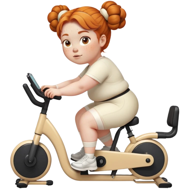 Fat Ginger girl freckles space buns riding stationary bike cream outfit emoji