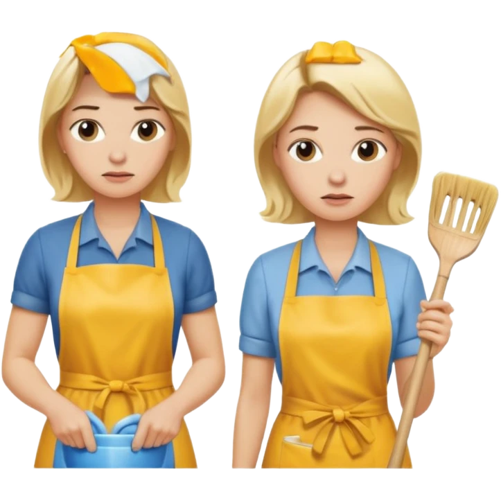 A blonde women cleaning a kitchen while her blonde husband scowls at her emoji