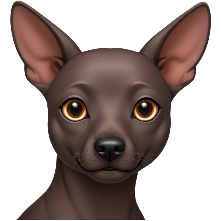 Cinematic Noble Xoloitzcuintle dog Portrait Emoji, Poised and regal, with a sleek, muscular build and smooth, hairless ebony skin accented by subtle wrinkles, deep-set soulful dark eyes, Simplified yet sharp and sophisticated features, highly detailed, glowing with a soft, dignified glow, high shine, intelligent and loyal, stylized with an air of ancient grace, focused and attentive, soft glowing outline, capturing the essence of a watchful and confident guardian, so majestic it feels as though it could stride out of the screen with effortless authority! emoji