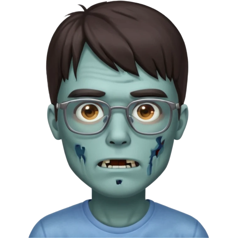 an emoji of a male zombie with dark brown hair and bangs that cover your entire forehead and extend to your eyebrows, wearing square, bluish glasses. emoji