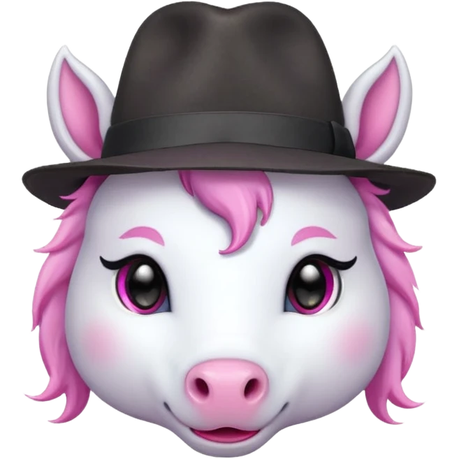 unicorn face cute wearing fedora, horn piercing through the hat looking in the camera emoji
