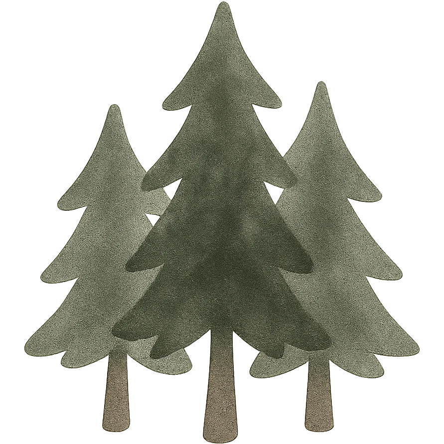 logo illustration of evergreen trees in folk art style, dark neutral forest color tones, watercolor texture with outlines, suitable for favicon emoji