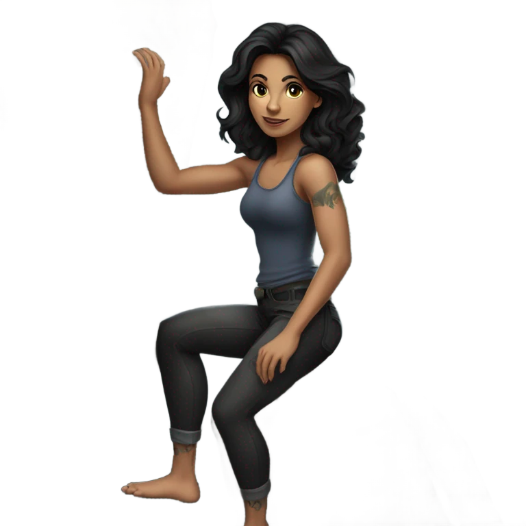 Beautiful dark haired tattooed woman climbing boulder  emoji