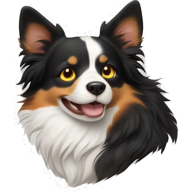 Calico cat (black, orange and white) with yellow eyes next to a border collie (black and white) with brown eyes - bust only and have the border collie smiling  emoji