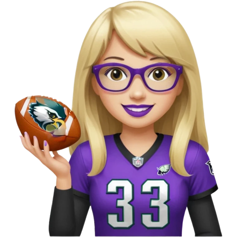 full length women wearing eagles uniform, long blonde hair, blunt bangs, black glasses, holding football, number 33, smiling, purple lipstick emoji