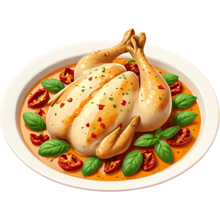 close-up of Marry Me Chicken juicy chicken in creamy orange-tinted sauce with sun-dried tomatoes and green herbs emoji