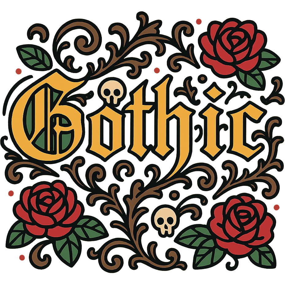 the word 'Gothic' in highly elaborate gothic calligraphy, with ornate flourishes, dark roses, tiny skulls, and baroque filigree emoji