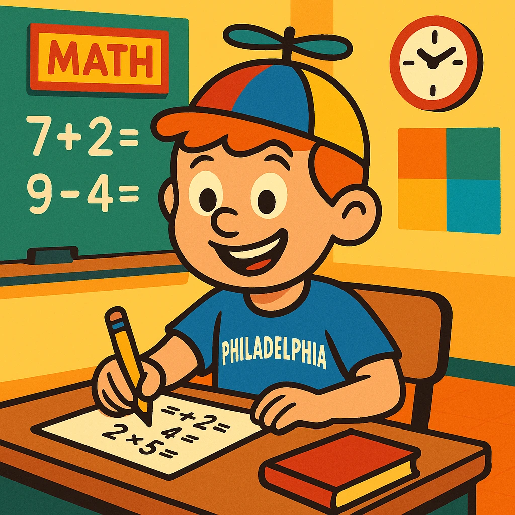 Little Johnny, cheerful young boy with a propellor hat, wearing a Philadelphia sports shirt, in a math classroom, showing good work habits, vibrant and clear illustration, colorful, friendly, positive atmosphere emoji