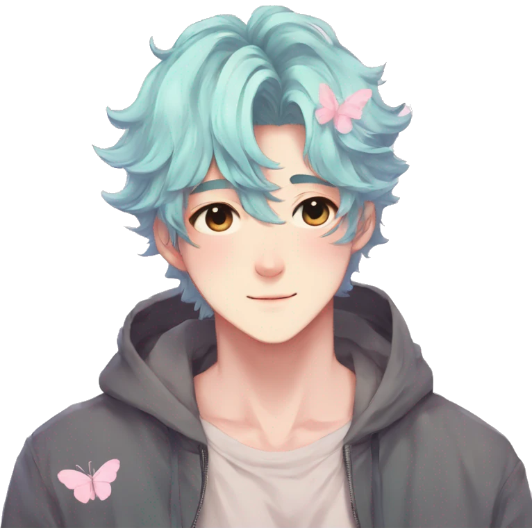 Gorgeous pastel anime style shojo man with blushing face and butterflies aesthetic trending style emoji