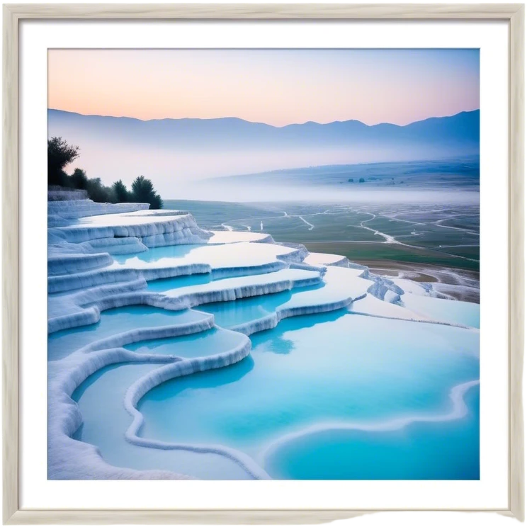 Cinematic Realistic Pamukkale Landmark Emoji, showcasing surreal cascading terraces of thermal waters rendered with ethereal textures and soft, luminous lighting. emoji