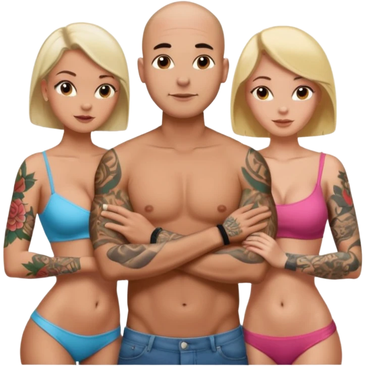 throuple tattooed sleeves bbald male with topless naked big boobed brunette and topless naked big boobed blonde girlfriends  lovingl  and sexy polygamy  emoji