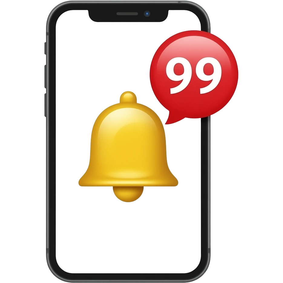 “smartphone emoji, black outline, white screen, yellow bell icon, red notification badge ‘99’, flat vector, clean, centered, no background” emoji