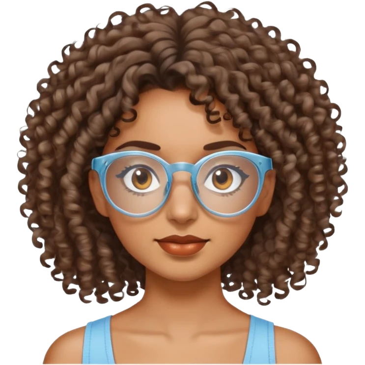 Chica morena cabello crespo con lentes transparentes y ojos cafés y blusa  de tiras color azul claro. emoji