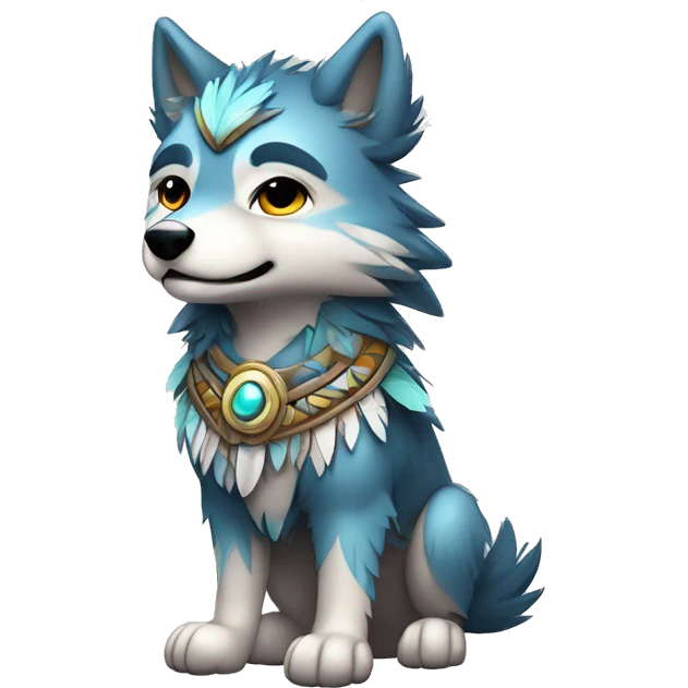 Fluffy Shy Chibi Spiritual Shamanic Wolf With Shiny Tribal Markings wearing feathers Full Body emoji