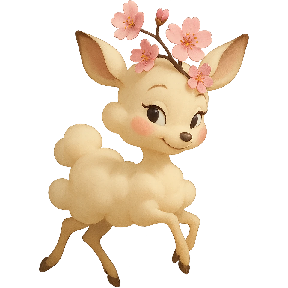 feminine vanilla cloud doe, rosy cheeks, cherry blossom head, floating gracefully, Pixar style emoji