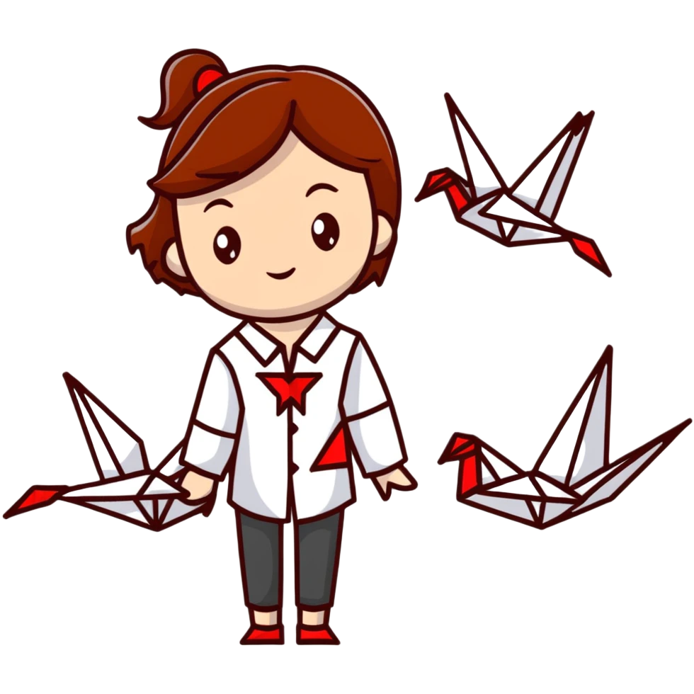 A happy Ukrainian young girl with brown hair in a white embroidered shirt makes an origami red crane craft emoji