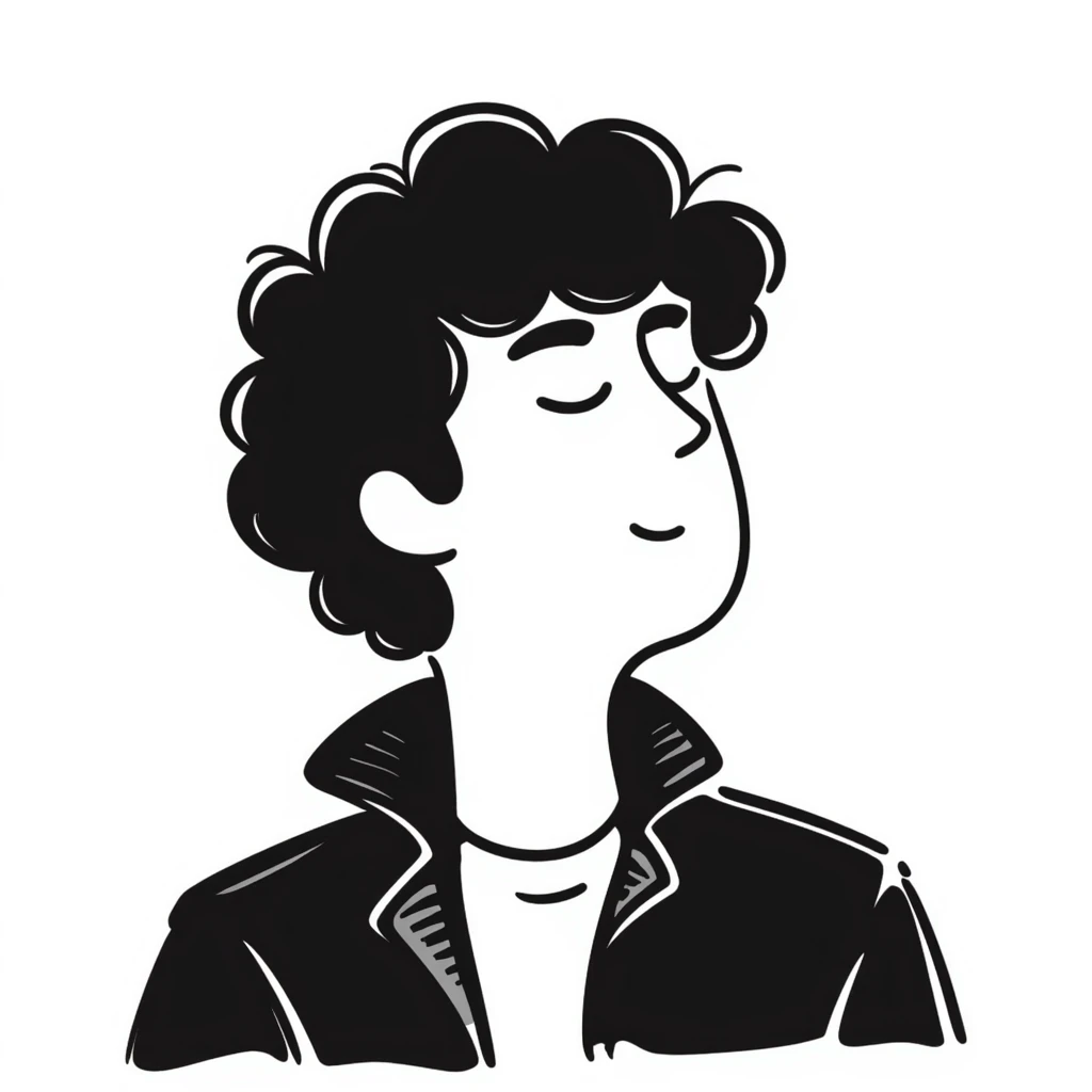 Hand-drawn portrait of a rockstar musician, face and upper body only, confident expression with half-closed eyes looking upward, knowing smirk, contemplative expression showing he's envisioning success emoji