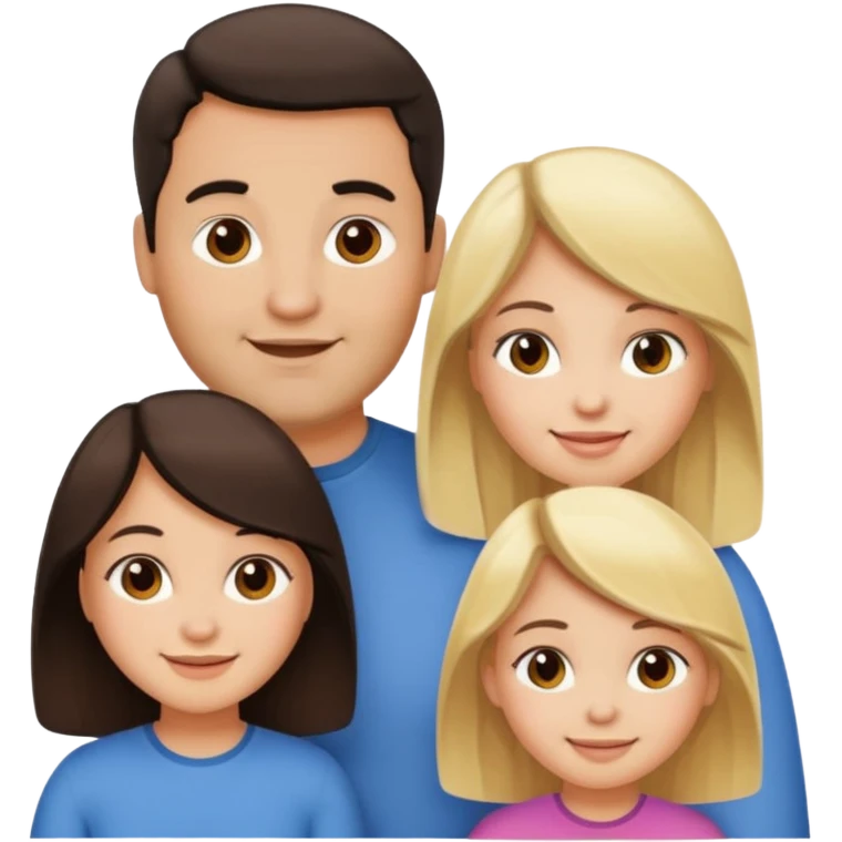 Familia de 4 personas sonriendo: Hombre gordito pelo oscuro, Mujer pelo cafe, hija 1 pelo mono e hija 2 pelo oscuro.sólo 4 personas. emoji