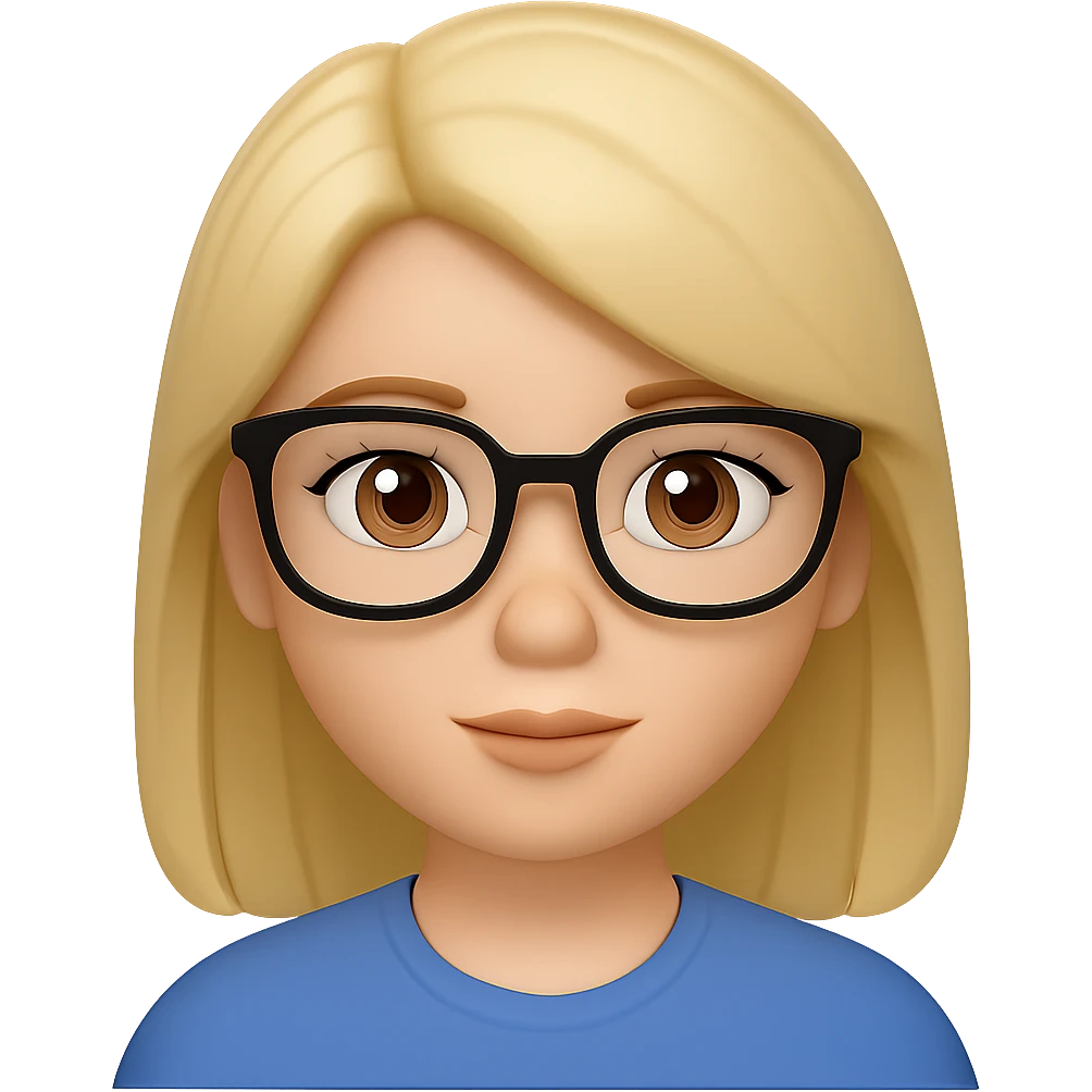 Add glasses to the girl with light brown hair, style general, with transparent background. emoji