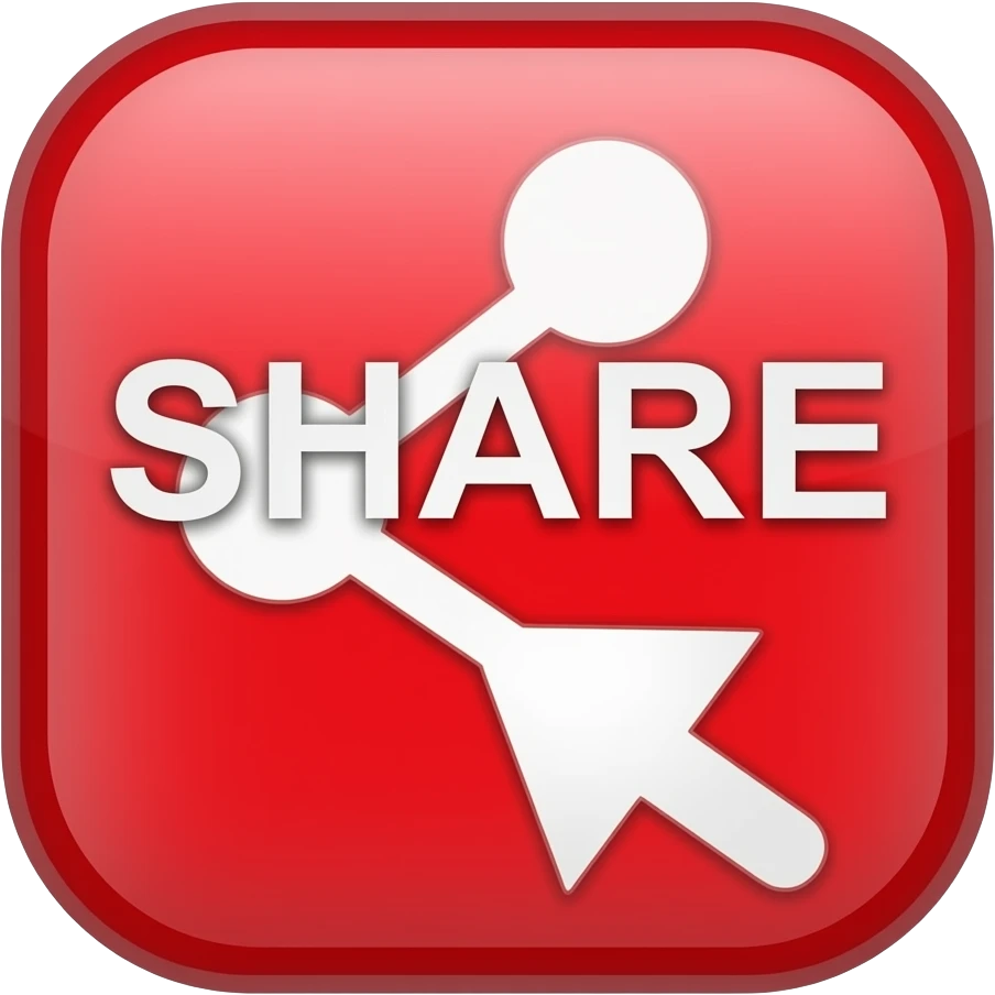 Red 3D share button, white text “SHARE”, arrow icon, glossy, rounded, soft glow, clean background emoji