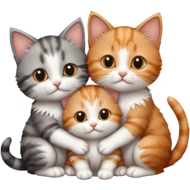 3 very small kittens cuddling together all different colours, the first one is grey and white, the second is ginger and white and the third is brown tabby and white emoji