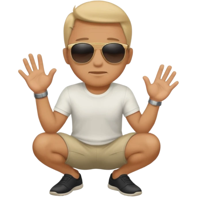 A man squatting down and holdig his hand flat a bit above the ground emoji