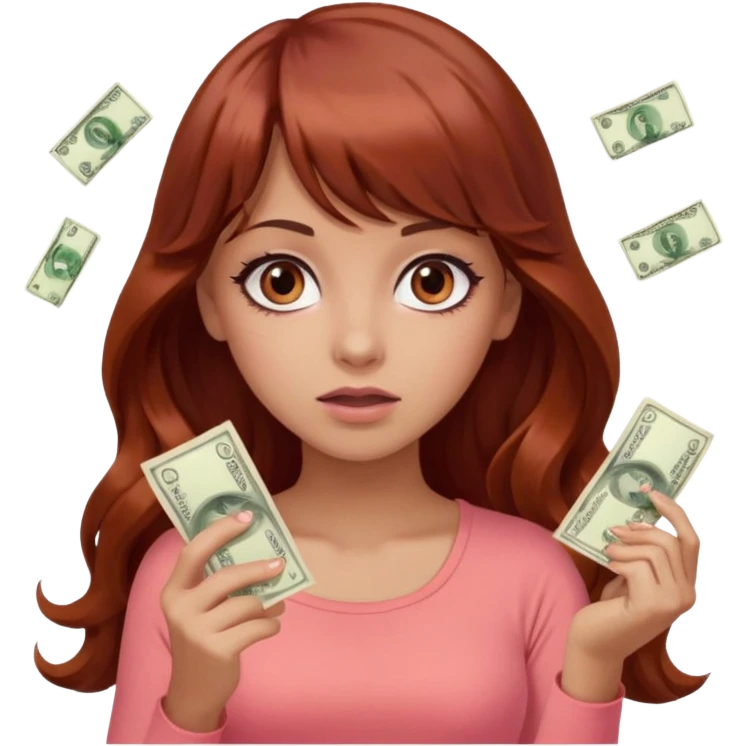 emoji of a beautiful woman with an arrogant expression, light tanned skin, big black eyes, long wavy reddish-brown hair with bangs, wearing a pink top, coral color theme, throwing money around emoji