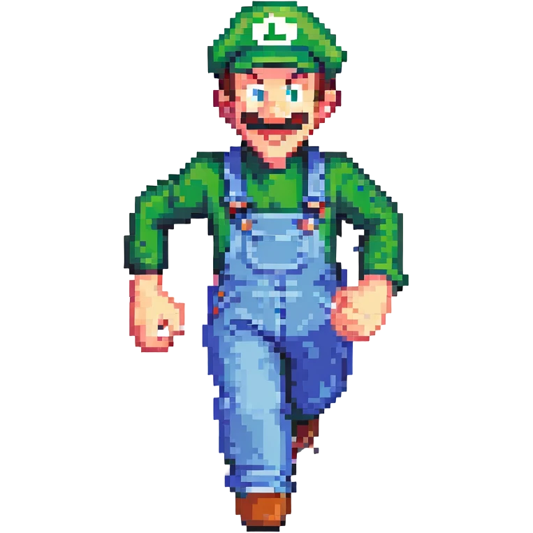 Luigi running, pixel art style, green hat, blue overalls, dynamic movement emoji