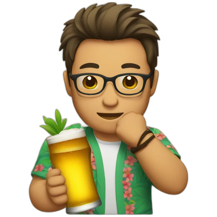 Japanese wearing glasses alohashirt is holding beer emoji