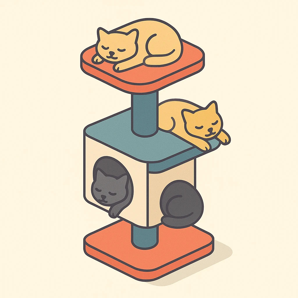 cats relaxing in a vertical playhouse emoji