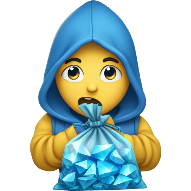 Person looking hungrily at blue crystals in small bag emoji