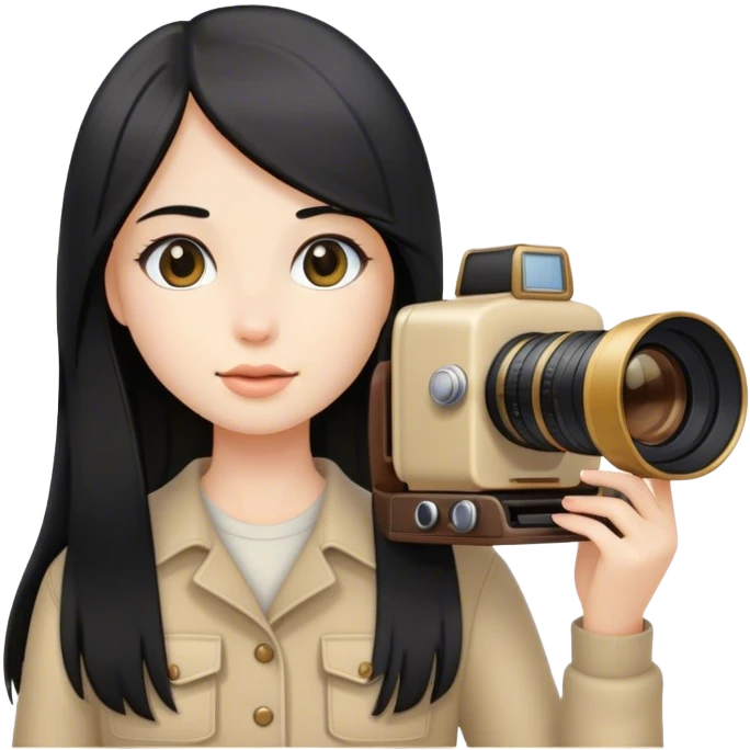 girl photographer with black long straight hair and beige camera emoji