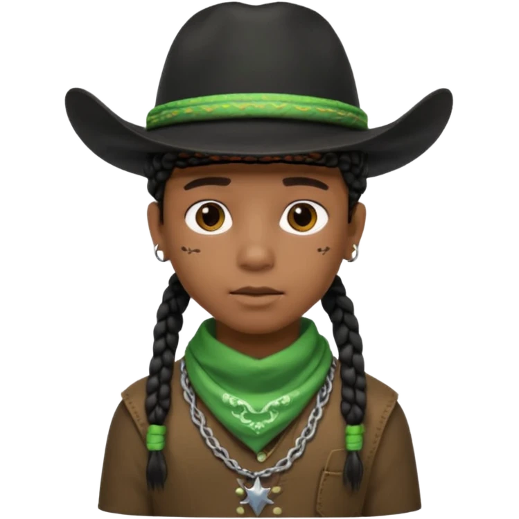 Black boy with short box beaids wearing a black cowboy hat with green bandana around his neck emoji