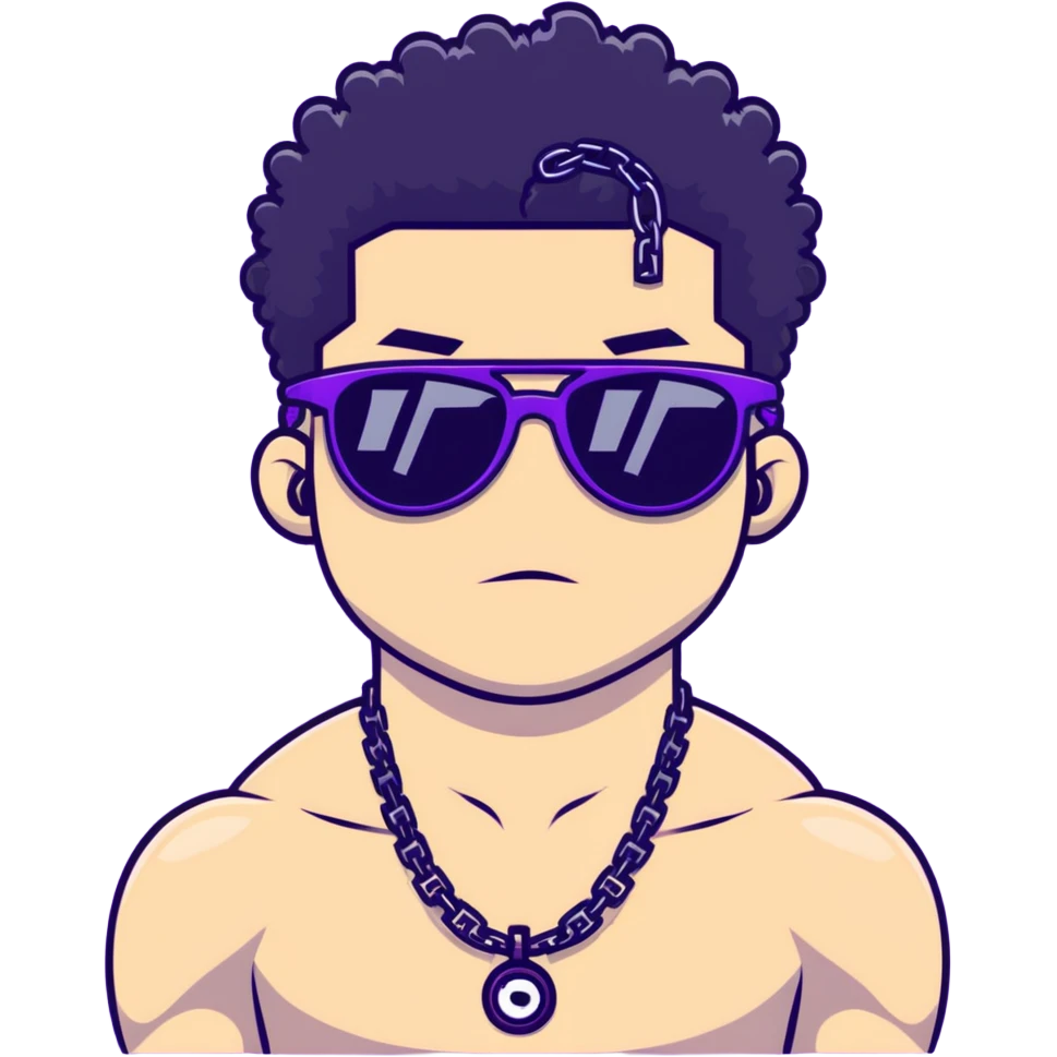 shirtless male athlete with white skin and moderately curly black hair on top with shaved sides, wearing purple sunglasses with very dark heavily tinted black lenses, and a simple plain black chain necklace, no earrings or other jewelry emoji