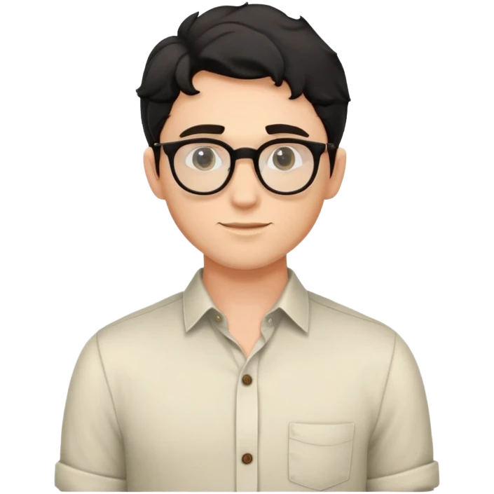 Young caucasian man with black wavy hair, round glasses, torso only, wearing relaxed buttoned-up shirt without a tie emoji