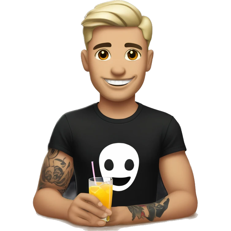 young bartender with white skin and tattoo on left the hand. he is wearing black t-shirt which has teeth-smile print in heart area. he is holding cocktail. emoji