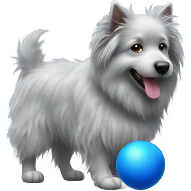 Realistic grey fluffy dog with blue ball emoji