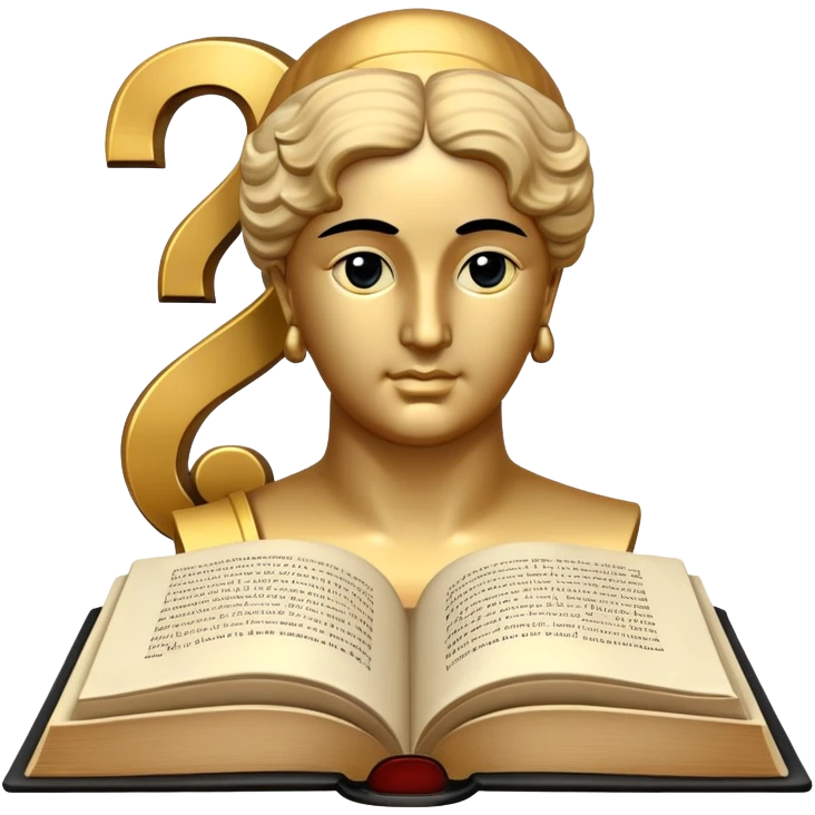 An icon featuring a classical bust, a book, and a question mark, symbolizing philosophy. The design includes a scroll with ancient text, evoking deep thought and intellectual inquiry. Transparent background highlights the search for knowledge and meaning emoji