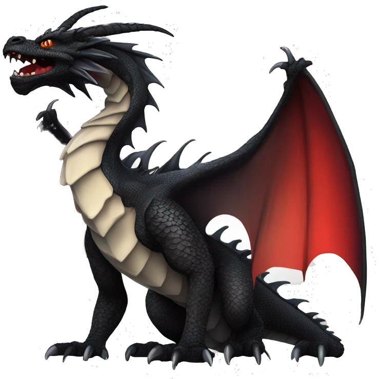 dragon siting with black scales and Scarlet markings 2 black horns waving his claw in drawn anime style. vibrant colors. slight smirk and tilted head red membrane on the wings detailed scales, and eyes emoji