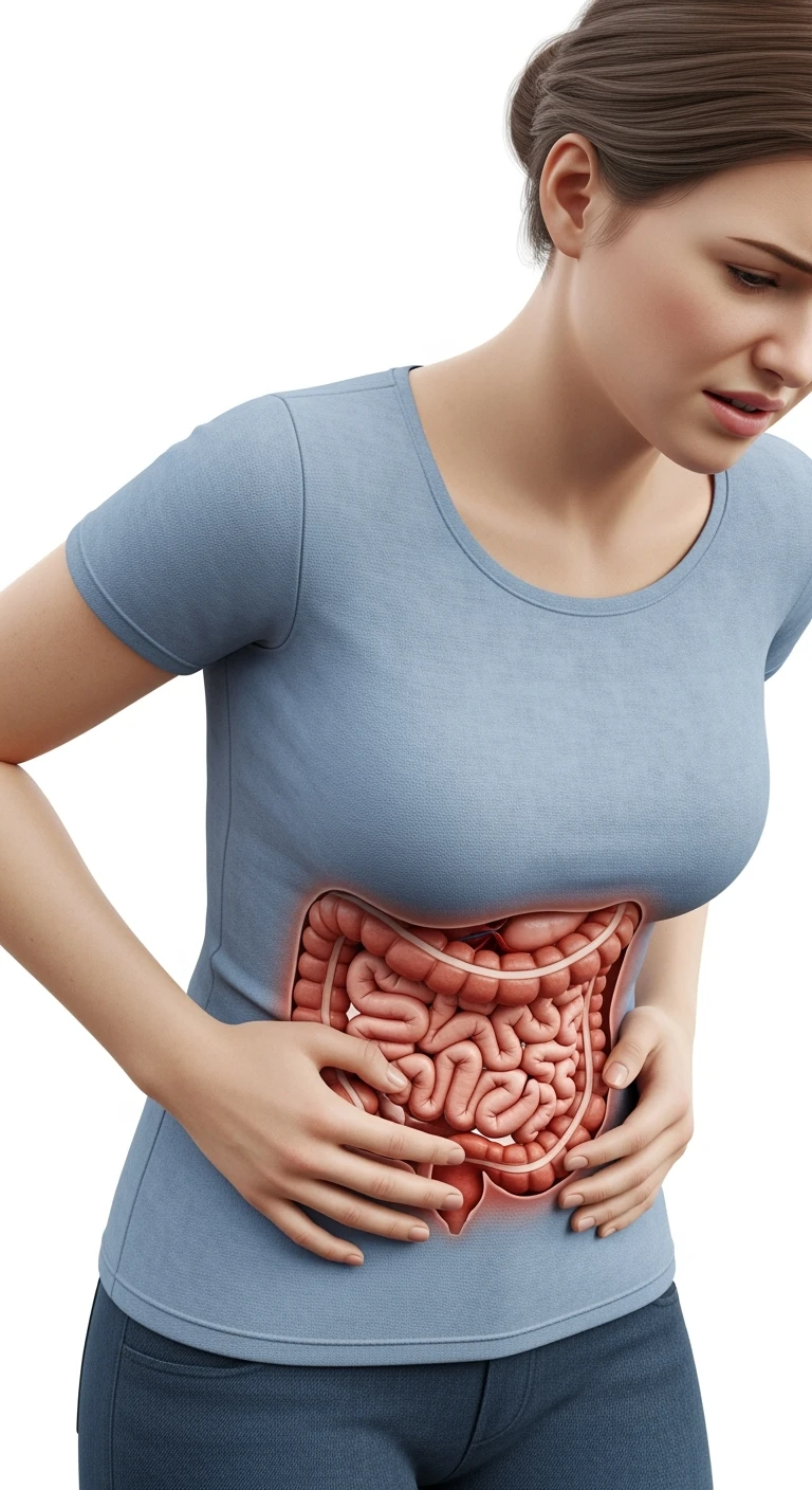 DONNA CON MAL DI PANCIA E INTESTINO UMANO ANATOMICO VISIBILE, IPERREALISTICO 4K, SFONDO BIANCO emoji
