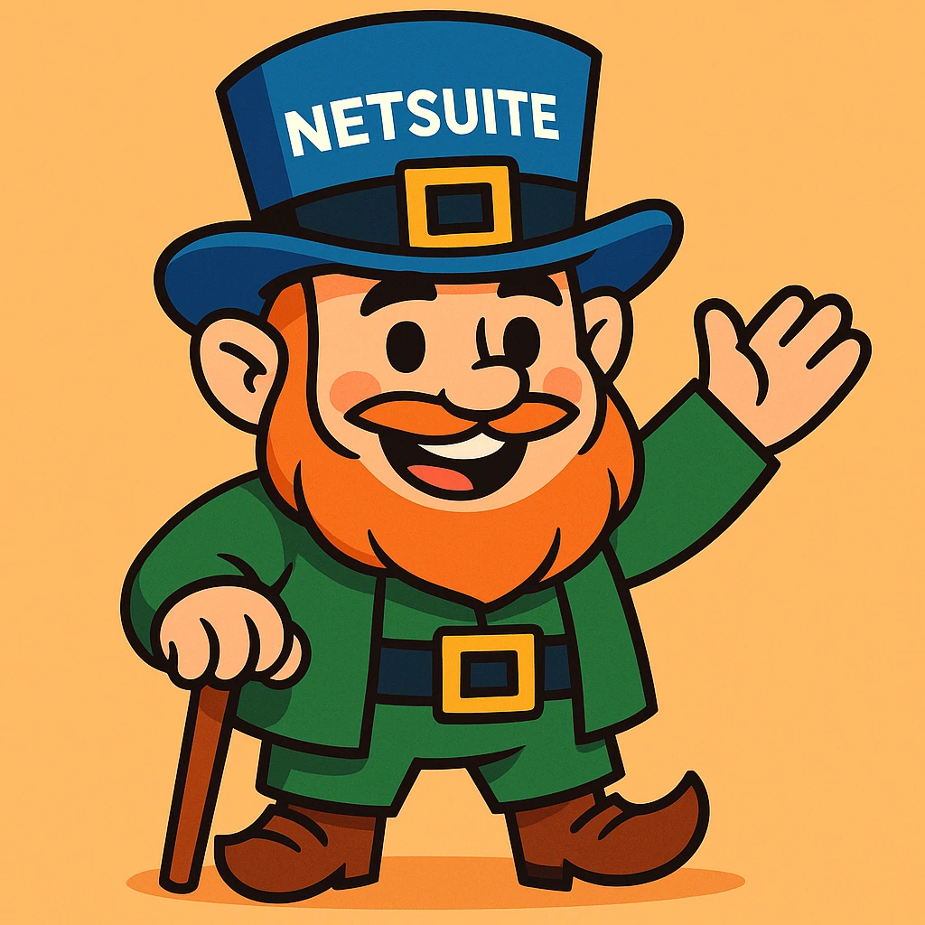 cartoon leprechaun, blue hat with 'NetSuite' text, friendly and fun emoji