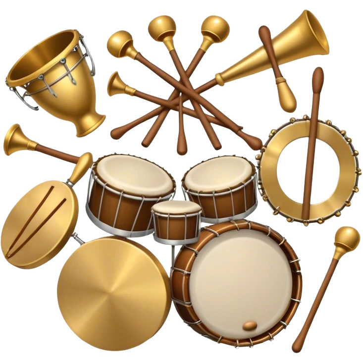 Create a heraldic, festive, and professional emblem-like emoji representing percussion instruments. The design should resemble a traditional crest, featuring a range of percussion instruments like cymbals, triangle, tambourine, maracas, timpani, and other traditional and folk percussion instruments. Arrange them symmetrically, with elements like cymbals crossing each other, a triangle at the center, and timpani or drums flanking the sides. The instruments should be depicted with metallic and wooden tones—shiny brass for cymbals, silver for the triangle, and rich wood or polished bronze for drums. Include ornate details like engraved patterns on the instruments, decorative swirls or laurels, and subtle accents to add elegance and festivity to the composition. The overall design should be cohesive, balanced, and visually striking, suitable for use as a prestigious emblem. The background should be transparent. emoji