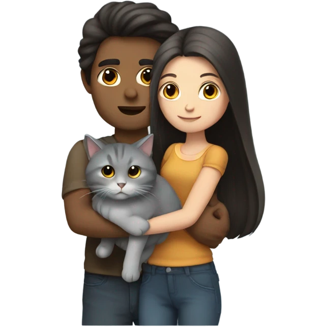 man with long dark hair and brunette girl with grey cat in her arms emoji