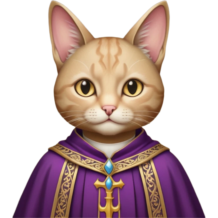 “Half-body humanoid figure with a realistic cat face, wearing ornate bishop robes and a mitre, dark gothic background, dramatic lighting, emoji