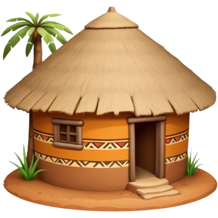 African mud hut tribal house, round adobe clay house, thatched roof, warm sunlight, colorful tribal patterns, cute mobile game icon, 3D cartoon, high detail, clean background emoji