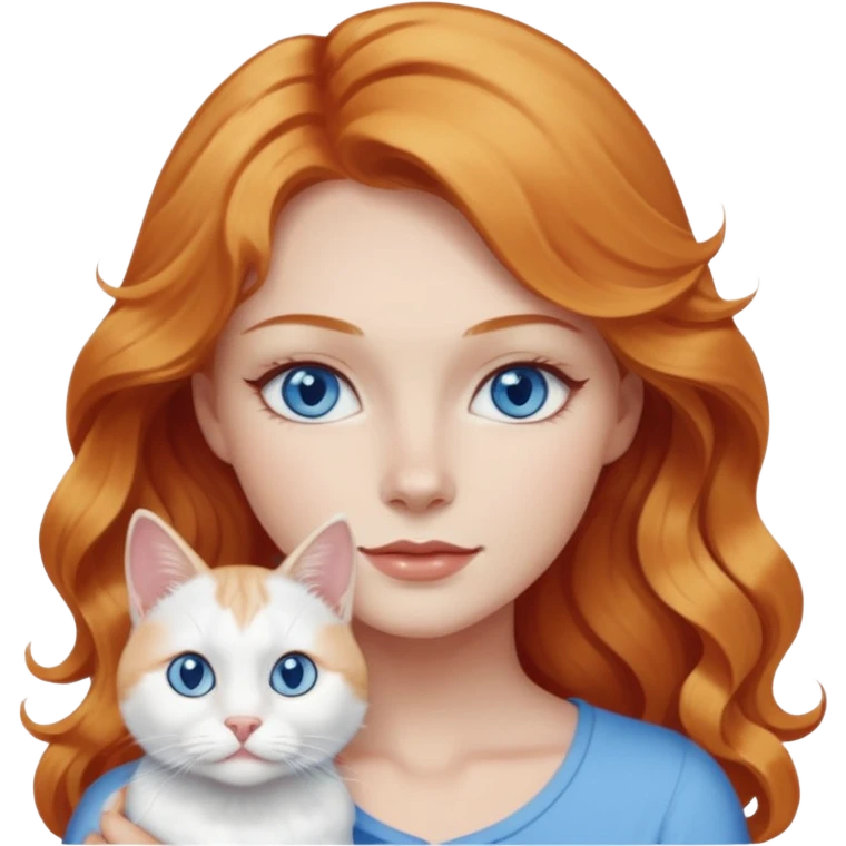 Long wavy strawberry blonde blue eyes woman with a white cat with blue eyes emoji